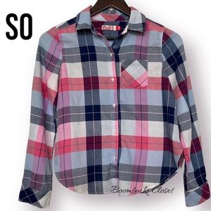 SO Plaid Long sleeves button down shirt Girls 12 Blue Pink White